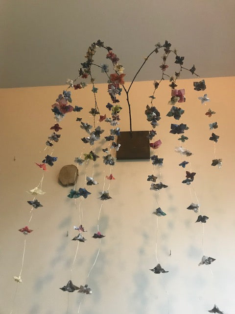 Large-scale weeping willow origami bonsai wall installation