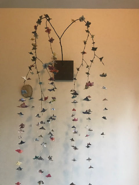 Large-scale weeping willow origami bonsai wall installation